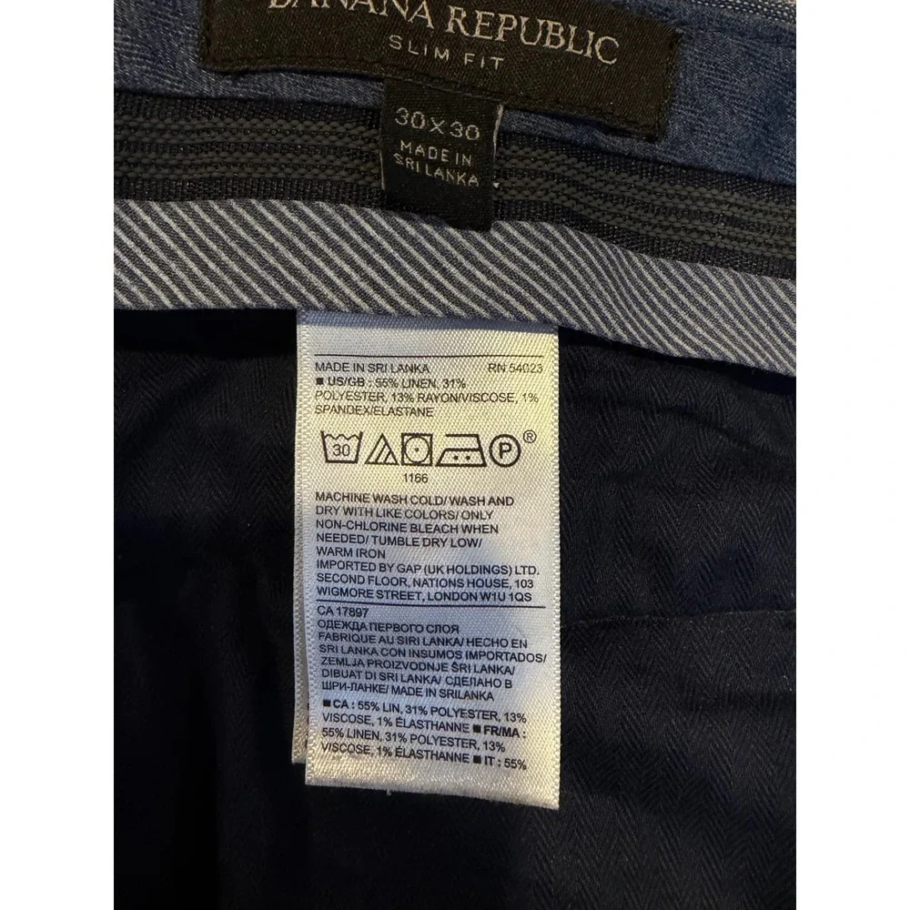 Banana Republic Slim Fit Linen Blend Pants Blue 30x30 Flat Front Trouser Coastal
